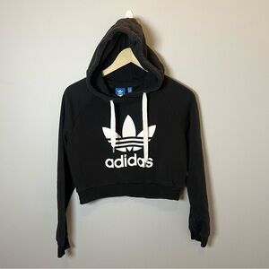 Adidas 3 Stripe Logo‎ Cropped Hoodie Women’s S Black Pullover Sweatshirt